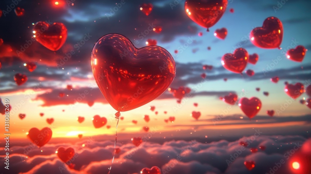 Heart balloons gracefully drifting in a colorful sunset sky.