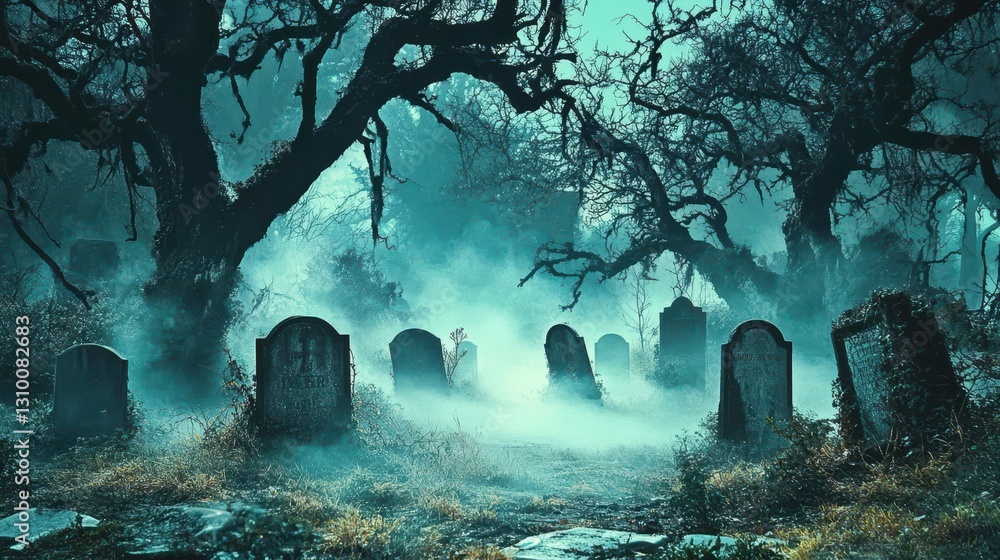 Eerie Tombstones Shrouded in Mist