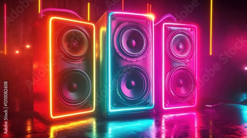 Obraz na płótnie A striking display features four unique speaker silhouettes against neon hues. w salonie
