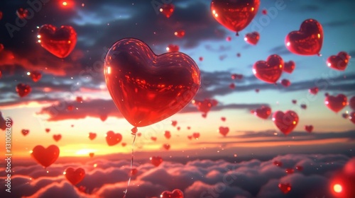 Heart balloons gracefully drifting in a colorful sunset sky.