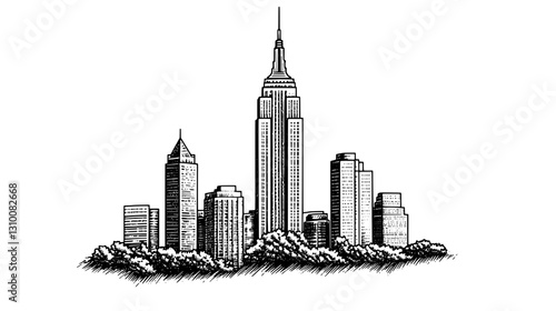 Engraved vector illustration of skyscrapers towering over greenery in a bustling urban landscape