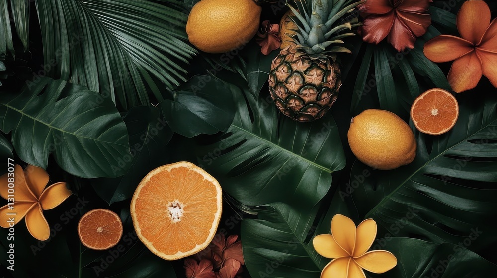 Exotic flowers and botanicals create a rich tropical background.