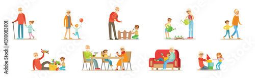 Grandparent with Boy and Girl Kid Spend Time Vector Set