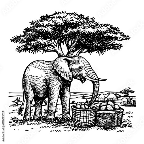 Majestic elephant gathering fruits under a lush tree in a tranquil savannah setting at dusk