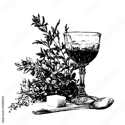 Engraved vector illustration of a cocktail glass with herbs and sugar cubes on a wooden surface