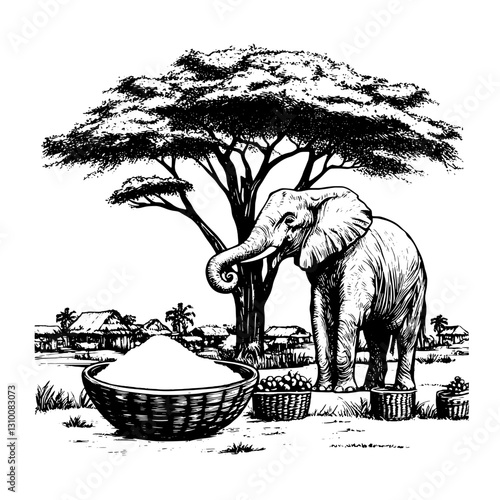 Majestic elephant enjoying a tranquil moment near a village during a sunny afternoon with baskets of grain