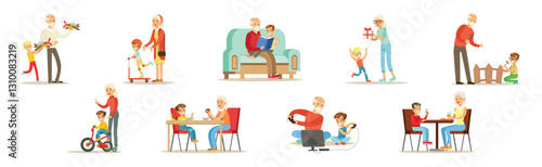 Grandparent with Boy Kid Spend Time Vector Set