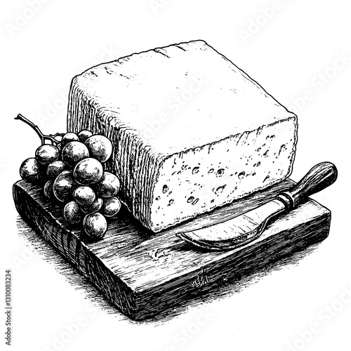 Delight in the rustic charm of a cheese platter featuring grapes and a carving knife on a wooden board