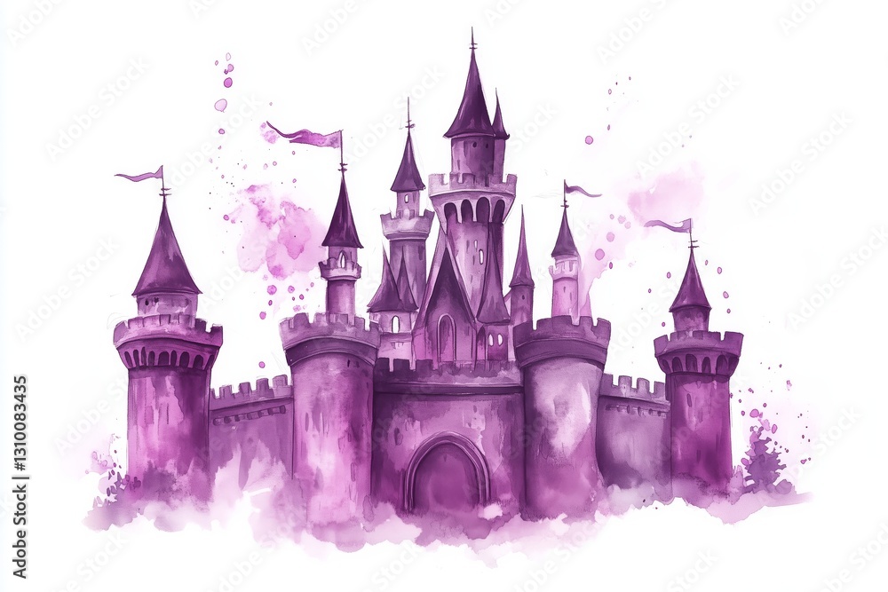 Obraz premium Watercolor pink Magic Castle Isolated on White Background 