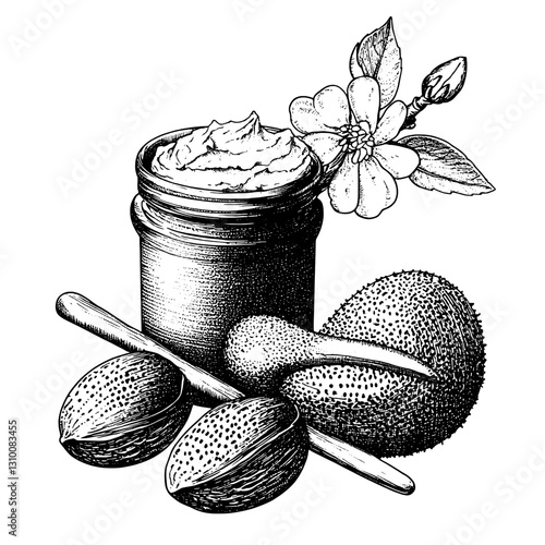 Artistic engraved illustration of natural beauty products featuring shea butter and floral elements in a creative display