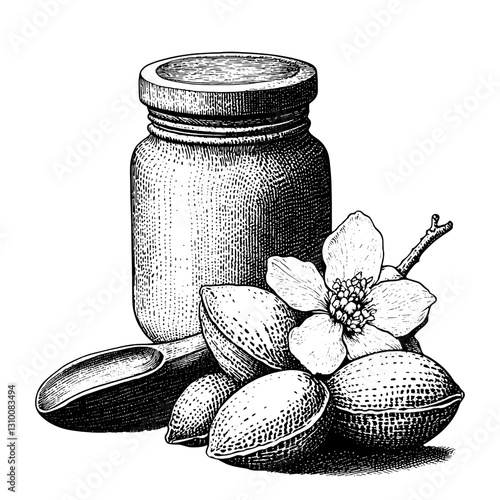 Engraved illustration of a jar with almonds and a flower representing natural nourishment and simplicity in life