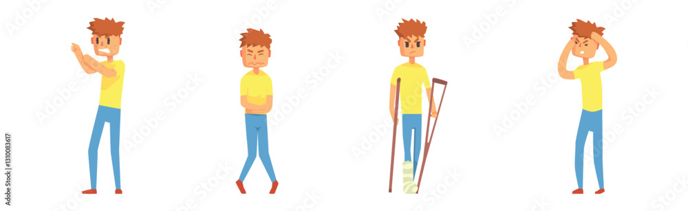Sick Man Character Feel Unwell Suffer from Disease Symptom Vector Set Sick Man Character Feel Unwell Suffer from Disease Symptom Vector Set