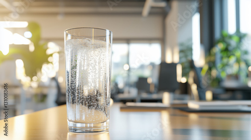 Side View of a Glass of Sparkling Water on an Office Desk, with a Blurred Office Background and Expansive Space for Promotional Text or Messaging copy space