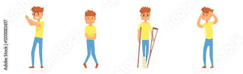 Sick Man Character Feel Unwell Suffer from Disease Symptom Vector Set