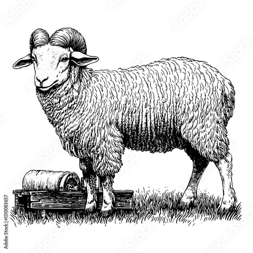 Detailed engraving of a fluffy ram standing beside a wooden barrel in a serene grassland setting