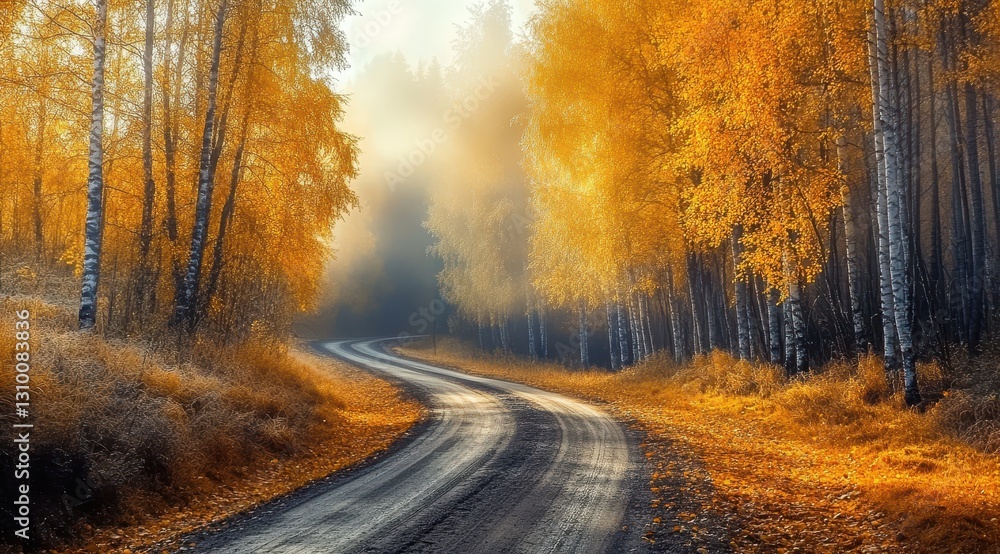 Brightly lit autumn scenery featuring a rustic road.