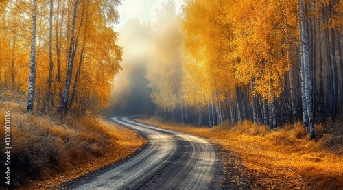 Obraz na płótnie Brightly lit autumn scenery featuring a rustic road. w salonie