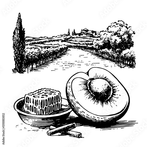 Whimsical rendition of a rustic countryside picnic featuring fresh peaches and cheese set against a vineyard landscape