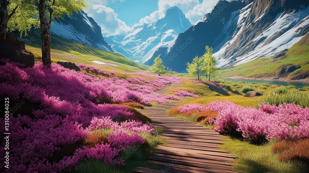 Vibrant pink flower fields enhancing the scenic view.