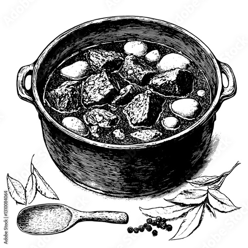 Engraved tattoo style illustration of a rustic pot filled with hearty stew and fresh ingredients