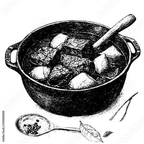 Engraved vector illustration of a hearty stew simmering in a cast iron pot with fresh ingredients ready for cooking