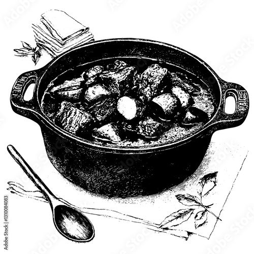 Elegant engraved illustration of a rustic stew pot with hearty ingredients and fresh herbs on a wooden table