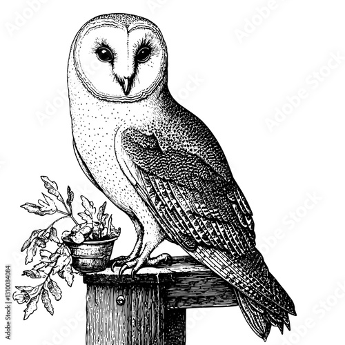 Intricate engraved illustration of a barn owl perched on a wooden post with oak leaves for a captivating tattoo design