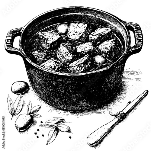 Savor the rich flavors of a hearty stew nestled in a rustic pot, surrounded by simple ingredients in an inviting kitchen setting