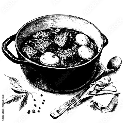 Captivating engraved illustration of hearty stew in a rustic pot with fresh ingredients and flavorful spices