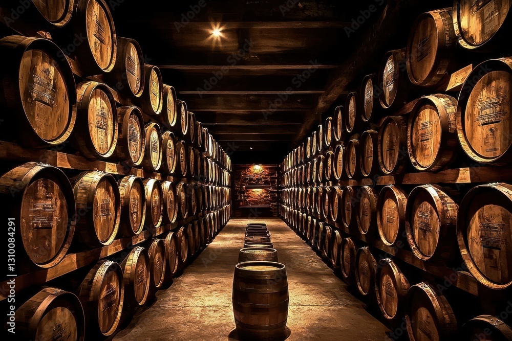 Charming storage space showcasing barrels for wine and whisky.