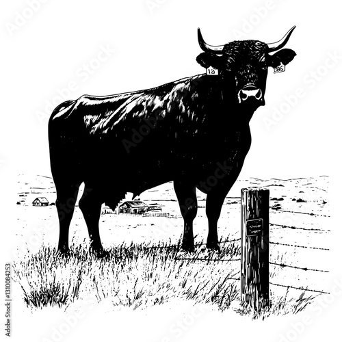 Engraved illustration of a majestic bull in a serene pasture at dawn with a rustic fence and distant farmhouses