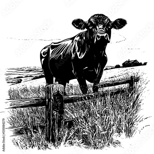 Majestic black cow standing proud by a rustic fence in a serene countryside landscape under a cloudy sky