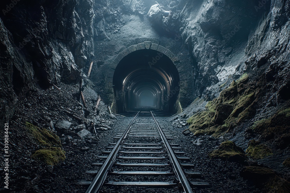 A haunting glimpse into an abandoned coal mine's dark tunnel.
