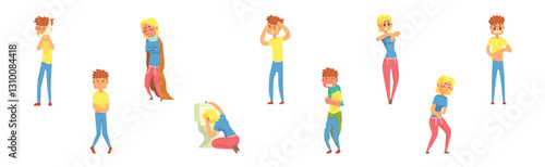 Sick Man and Woman Character Feel Unwell Suffer from Disease Symptom Vector Set