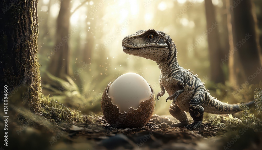 A young T. rex emerges from its egg in a lush Jurassic forest.