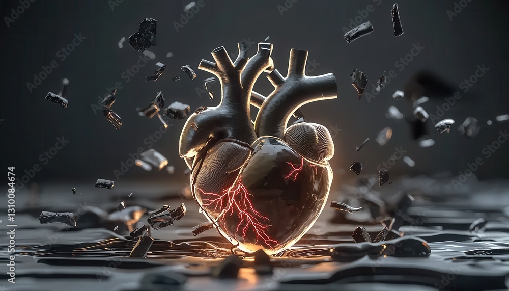 Abstract representation of coronary disease highlighted by red lighting.