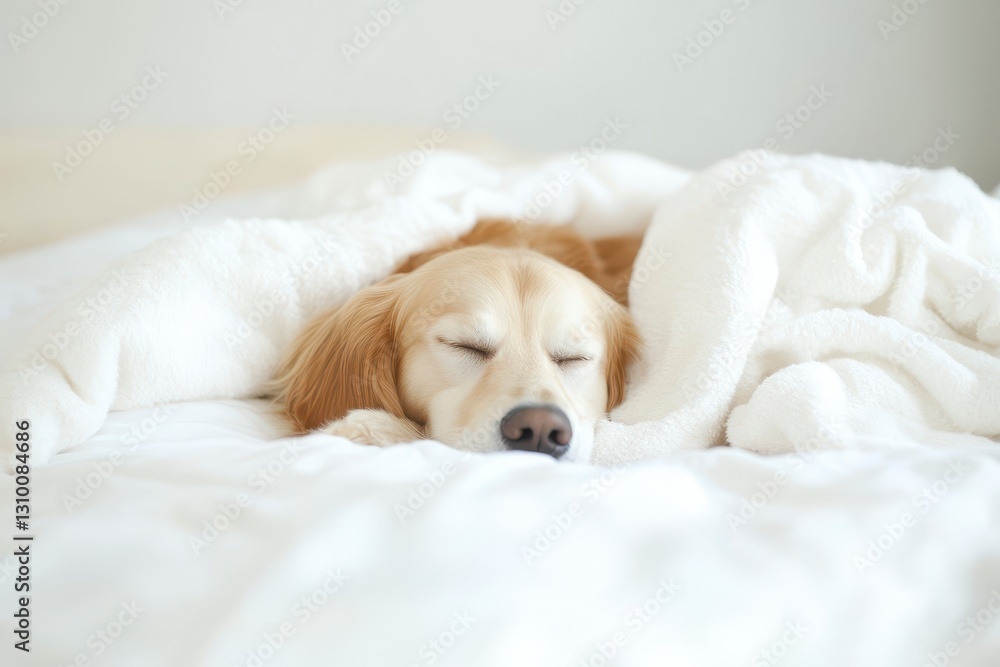 Obraz premium Serene Sleep - Peaceful Golden Retriever Resting in Cozy Bedroom Bed with Soft Blanket and White DÃ©cor