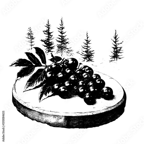 Engraved artwork of a cluster of grapes resting on a wooden plate with trees in the background, evoking a rustic charm and natural beauty