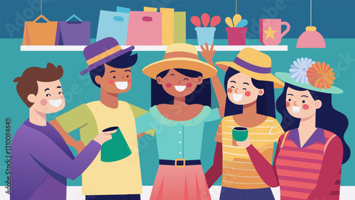 A group of friends laughing and trying on quirky hats and accessories at a quirky thrift shop stall.. Vector illustration