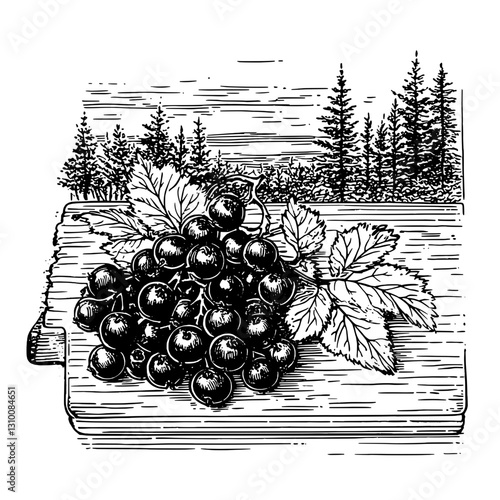 Engraved illustration of grapes on a wooden surface with a forest backdrop showcasing nature's bounty and rustic charm