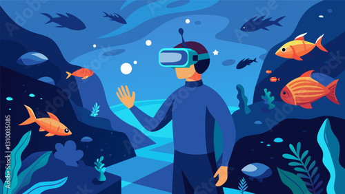 The immersive experience of exploring an artificial reef created by the latest VR technology.. Vector illustration
