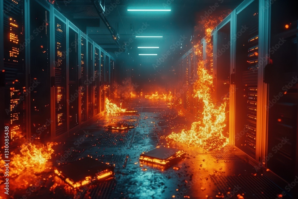 A supercomputer caught in flames, highlighting safety concerns in technology facilities.