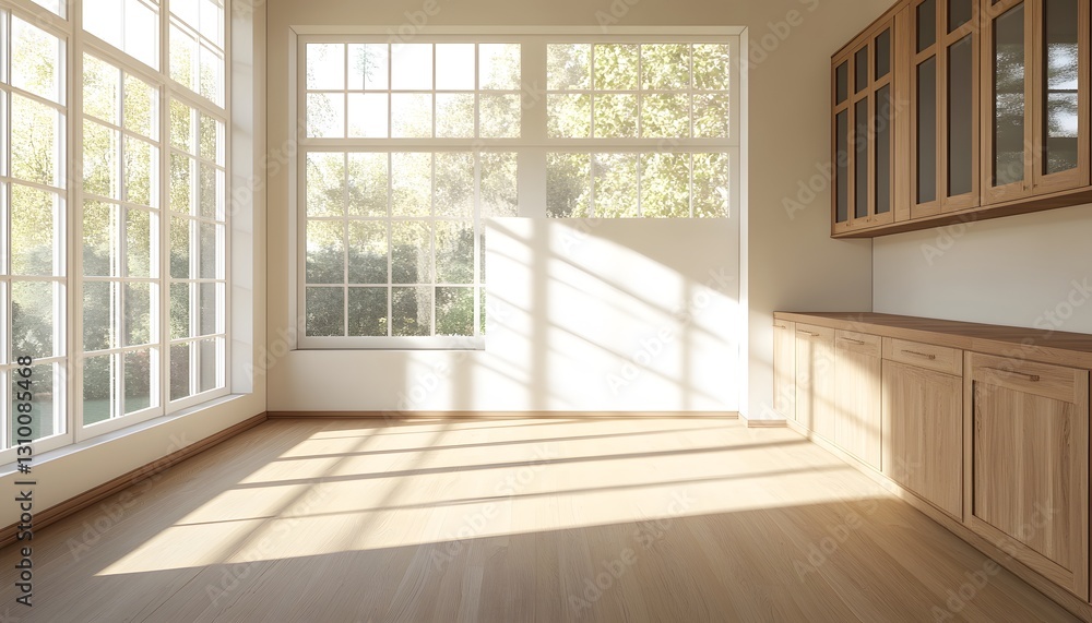 Obraz premium Sunlit Room with Large Windows and Wooden Cabinets