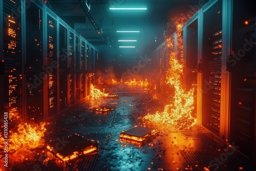 A supercomputer caught in flames, highlighting safety concerns in technology facilities.