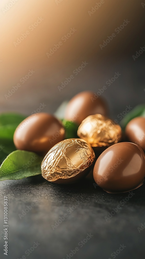 Obraz premium Golden chocolate eggs placed on green leaves create an appealing treat for festive celebrations