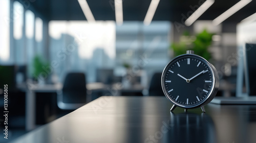 Side View of a Modern Desk Clock on the Far Right of a Sleek Office Desk, with a Blurred Office Background and Large Empty Space on the Left for Text or Copy Placement copy space