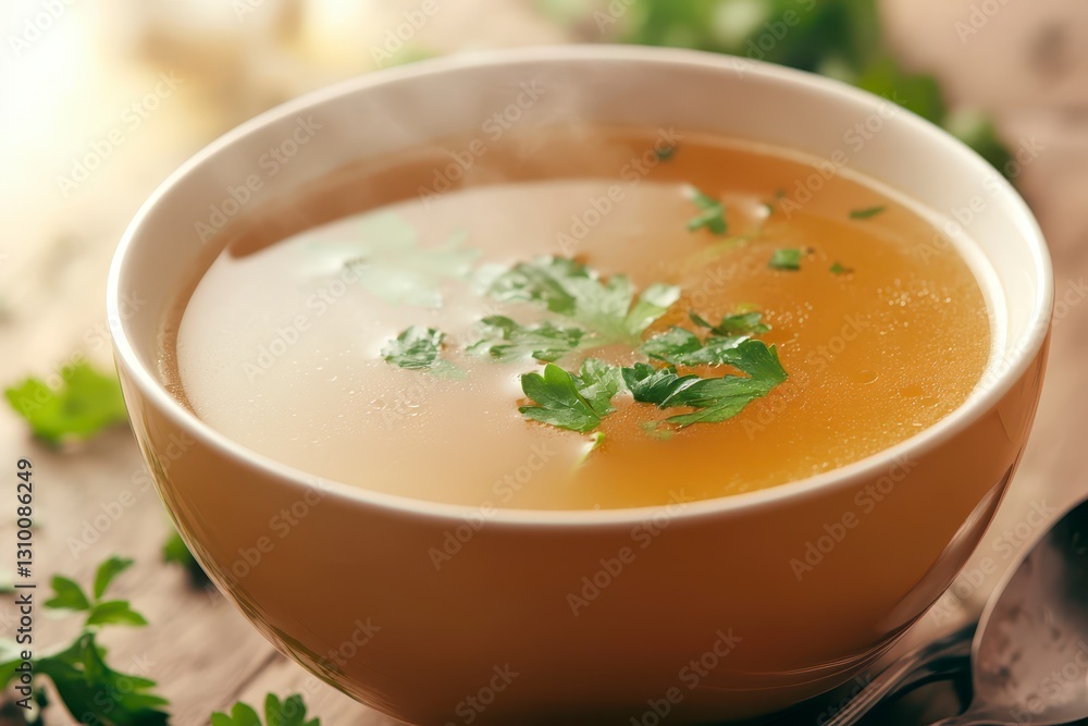 Nourishing Surrealism: Steaming Bowl of Bone Broth with Chicken Collagen and Fresh Herbs in Warm Kitchen Setting Nourishing Surrealism: Steaming Bowl of Bone Broth with Chicken Collagen and Fresh Herbs in Warm Kitchen Setting