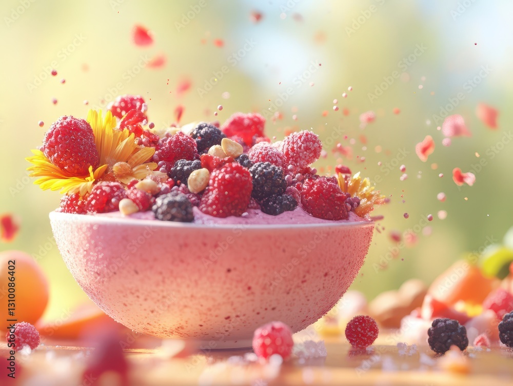Vibrant Impressionism: Hydrolyzed Collagen Smoothie Bowl with Fresh Berries, Nuts, and Edible Flowers on a Wooden Surface with Tropical Backdrop Vibrant Impressionism: Hydrolyzed Collagen Smoothie Bowl with Fresh Berries, Nuts, and Edible Flowers on a Wooden Surface with Tropical Backdrop