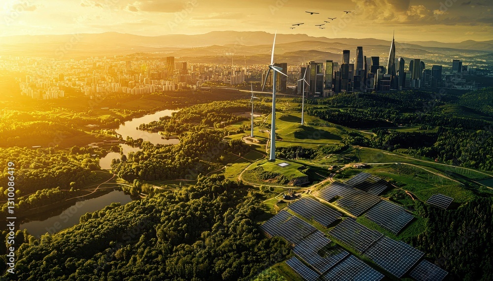 Modern wind turbines and solar panels illuminated by sunset light.