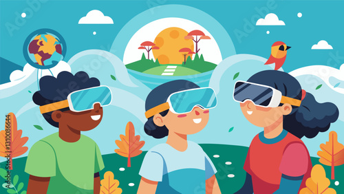 With their VR headsets on the kids are able to witness firsthand the effects of climate change on different ecosystems making their learning tangible. Vector illustration